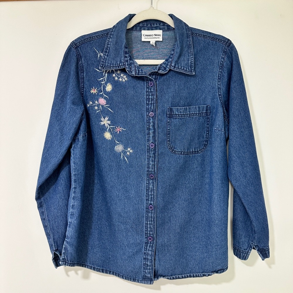 Country Store Denim Shirt Womens S Blue Floral Embroidered Button Down Cotton